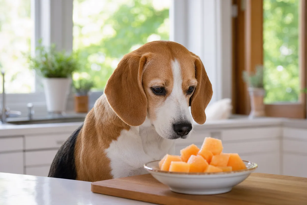 Beagle attentif dans une cuisine devant des cubes de melon orange frais dans une coupelle