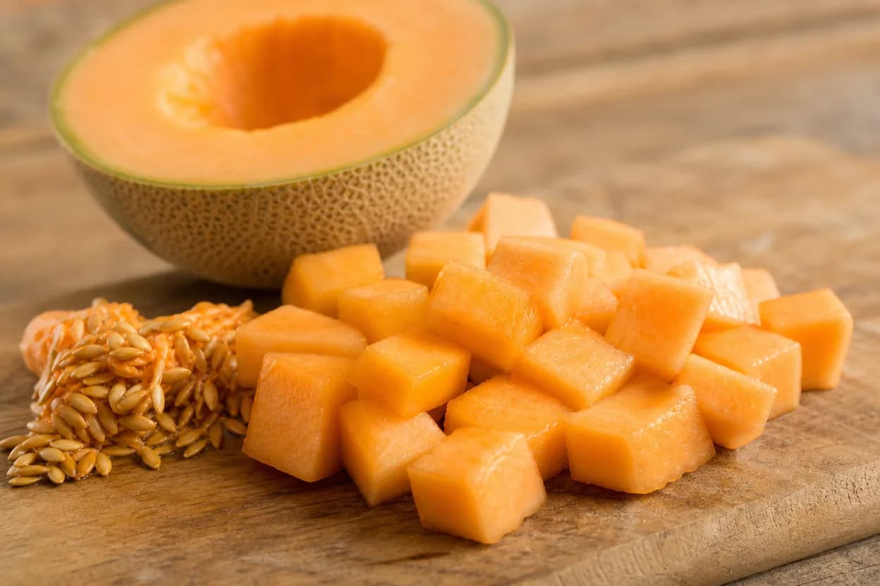 Gros plan de melon frais épépiné coupé en cubes sur une planche en bois