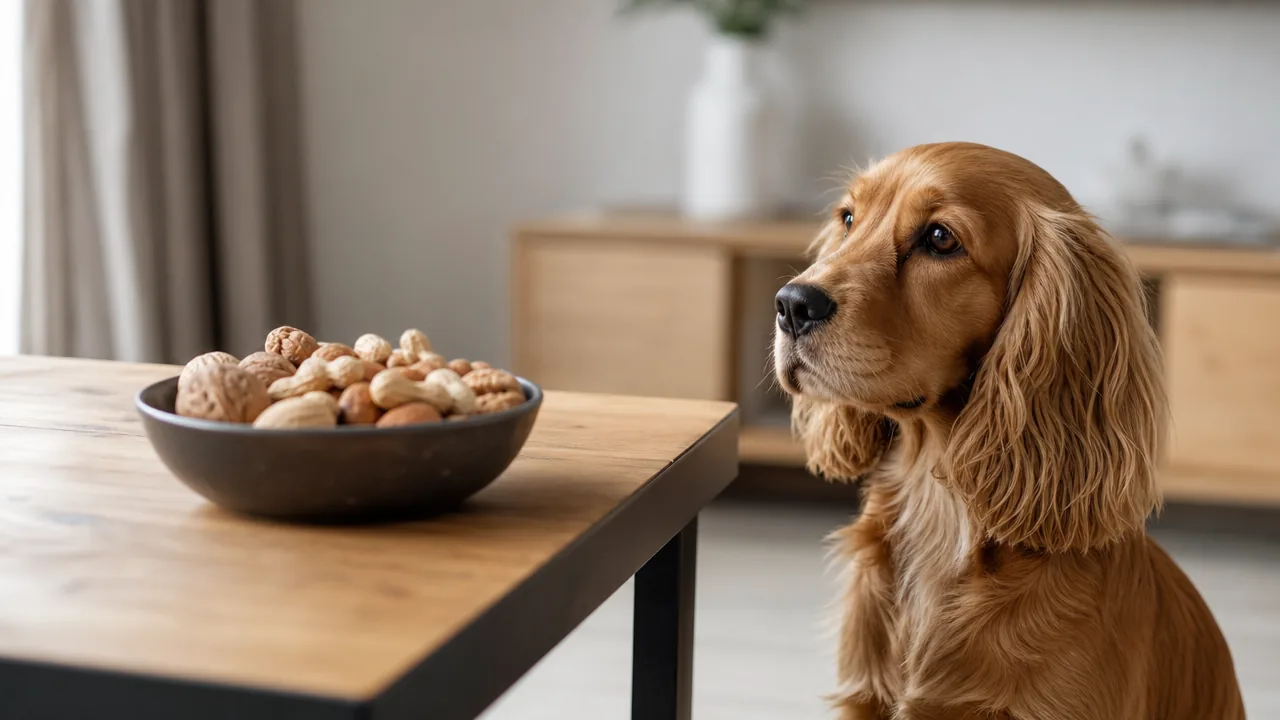 Cocker attentif assis a cote d'une table sur laquelle est pose un bol de noix variees et de cacahuetes, hors de sa portee
