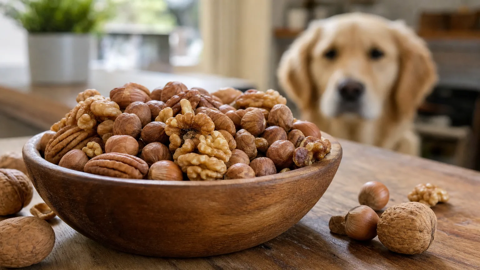 Bol en bois rempli de noix, noisettes et noix de pecan sur une table, un chien flou observant a distance