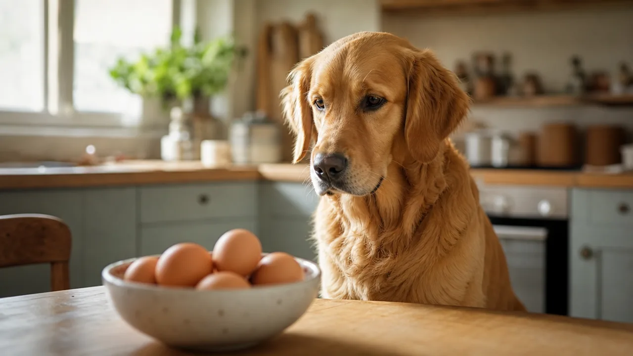 Golden Retriever attentif assis dans une cuisine lumineuse, regardant des oeufs frais poses dans un bol sur une table
