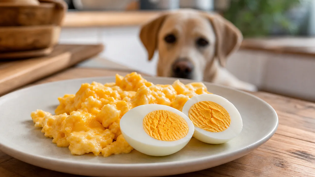 Assiette avec un oeuf dur coupe en deux et des oeufs brouilles nature, un Labrador flou attentif en arriere-plan