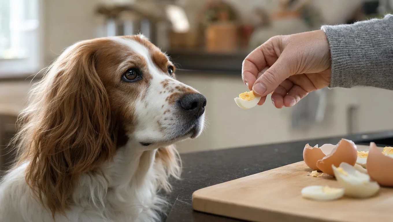 Main offrant un petit morceau d'oeuf dur a un Epagneul attentif, coquilles d'oeuf sur une planche a cote