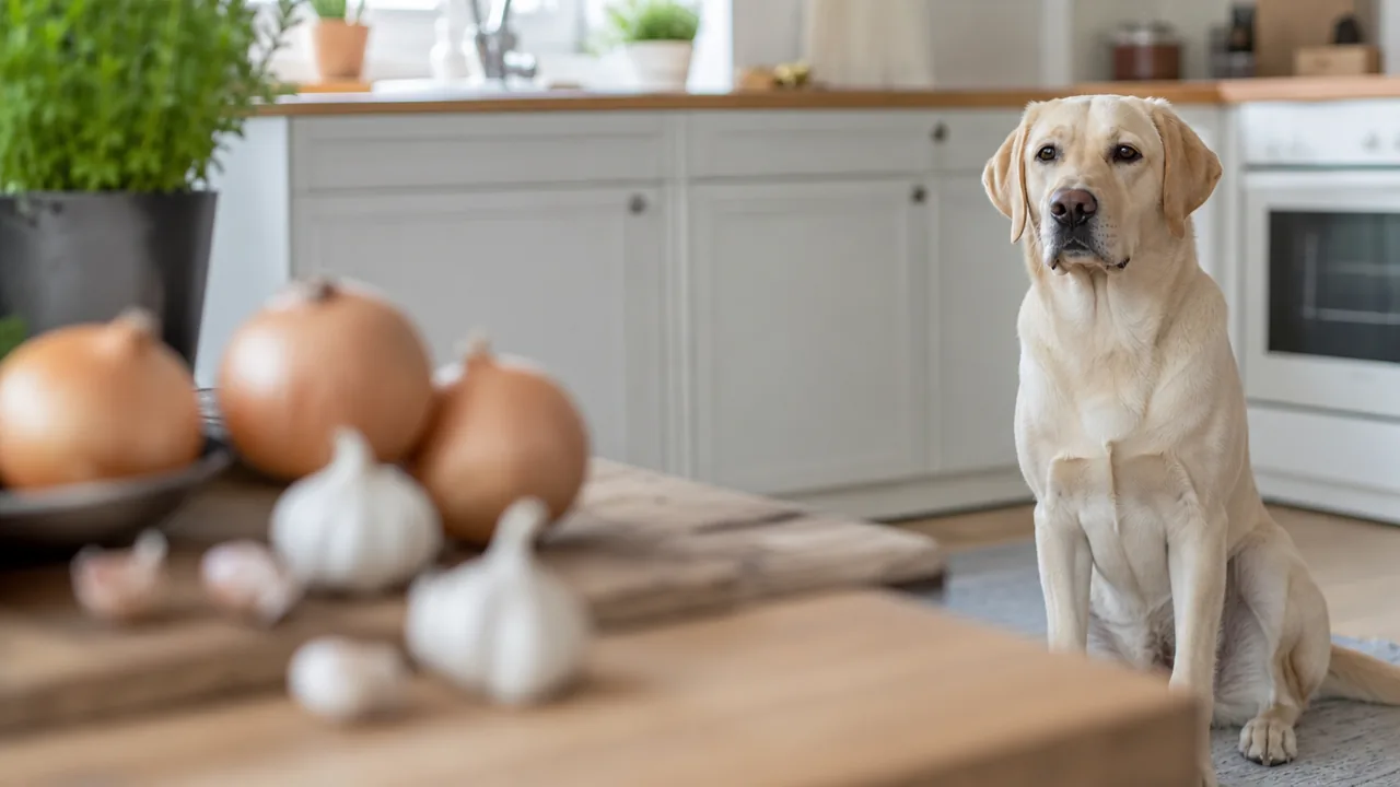 Labrador beige assis dans une cuisine, a distance d'oignons et de gousses d'ail sur un plan de travail