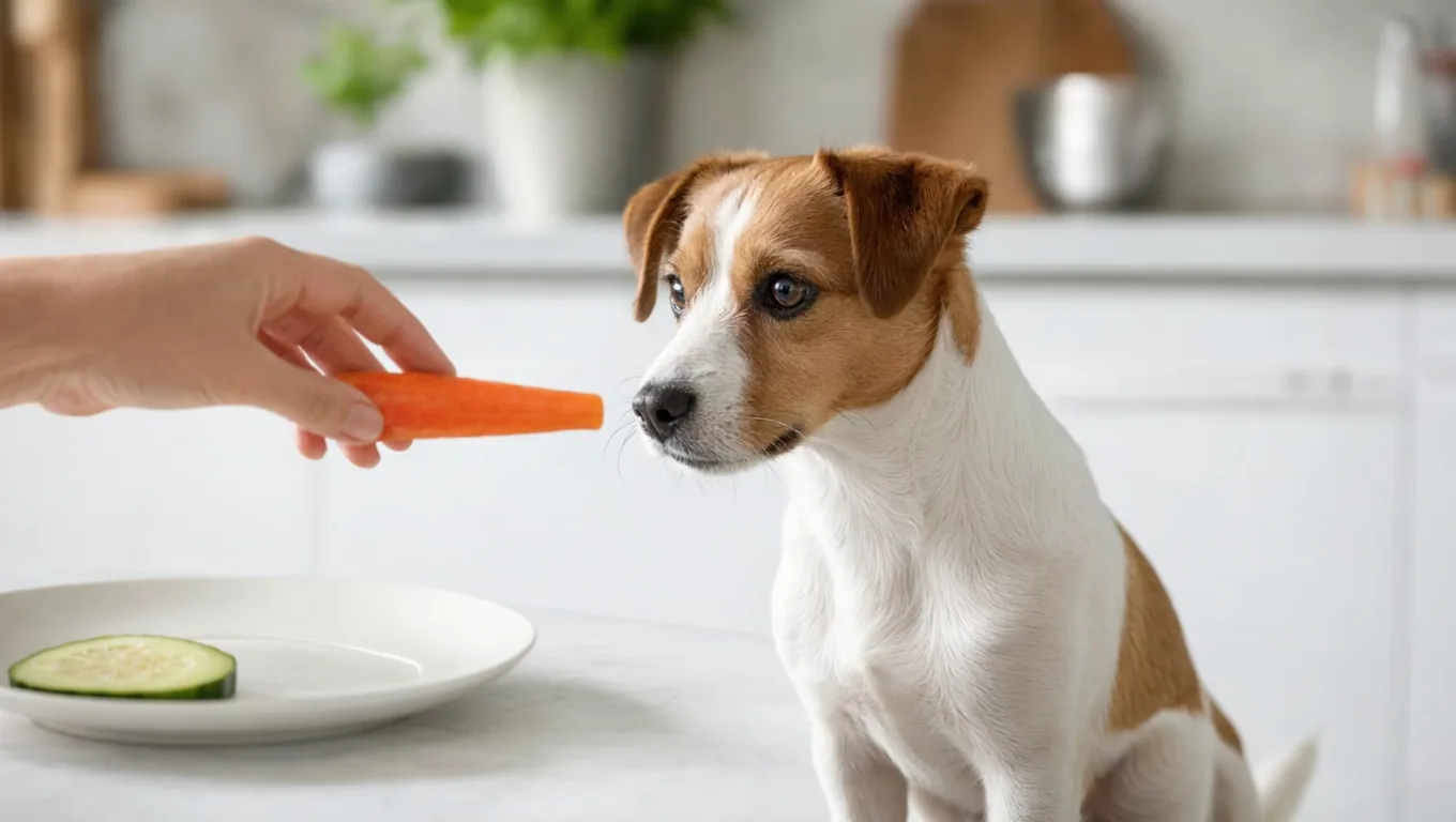 Main tendant un baton de carotte a un petit chien attentif, avec une rondelle de concombre a cote
