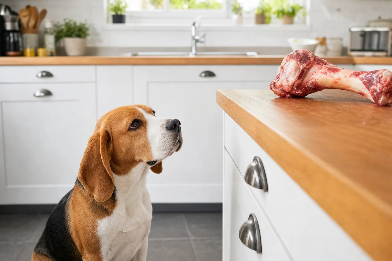 Un beagle assis dans une cuisine regarde un gros os de boeuf cru posé hors de portée sur un plan de travail