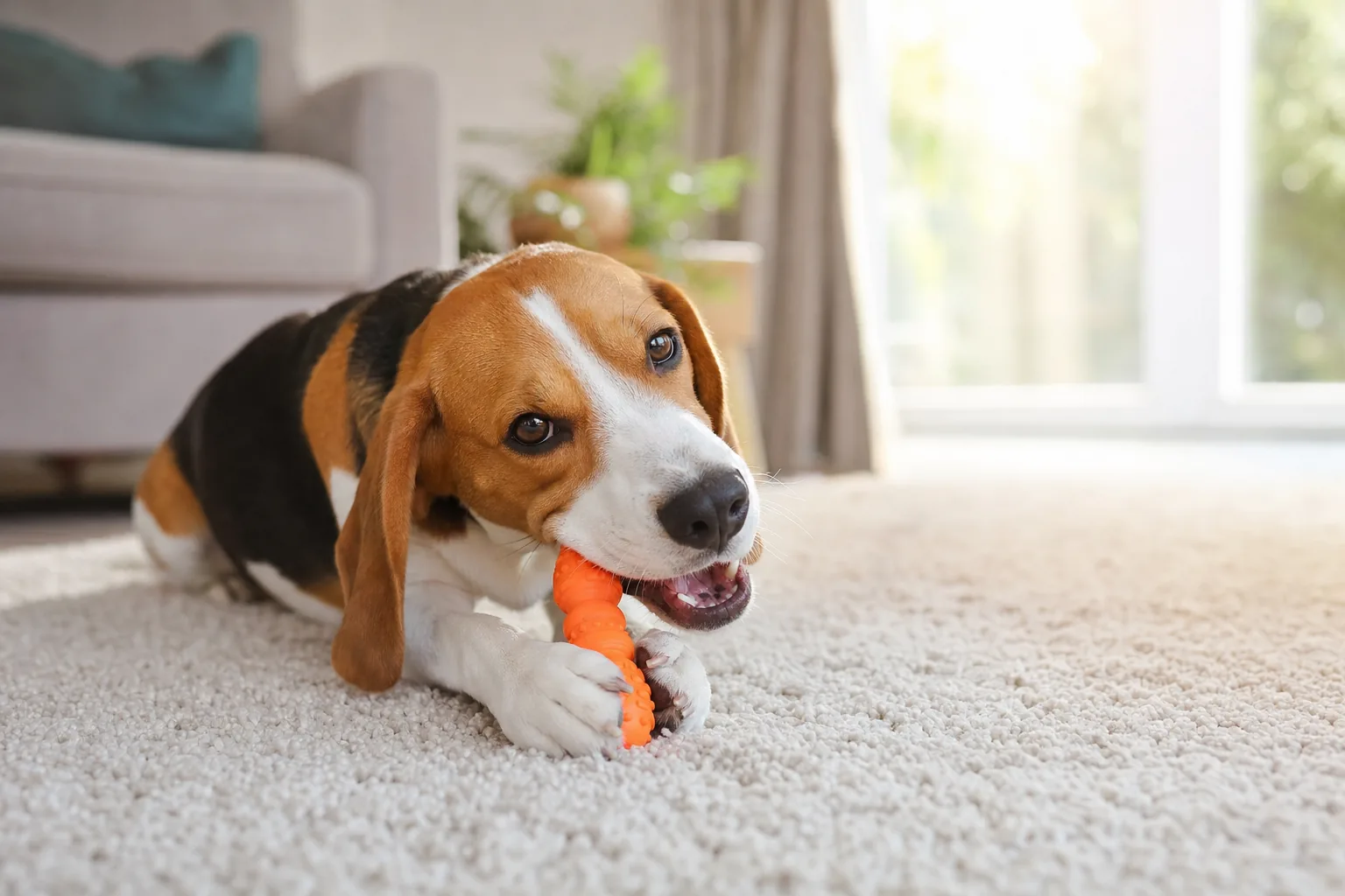 Un beagle couché sur un tapis mâche un jouet à mâcher en caoutchouc orange dans un salon lumineux