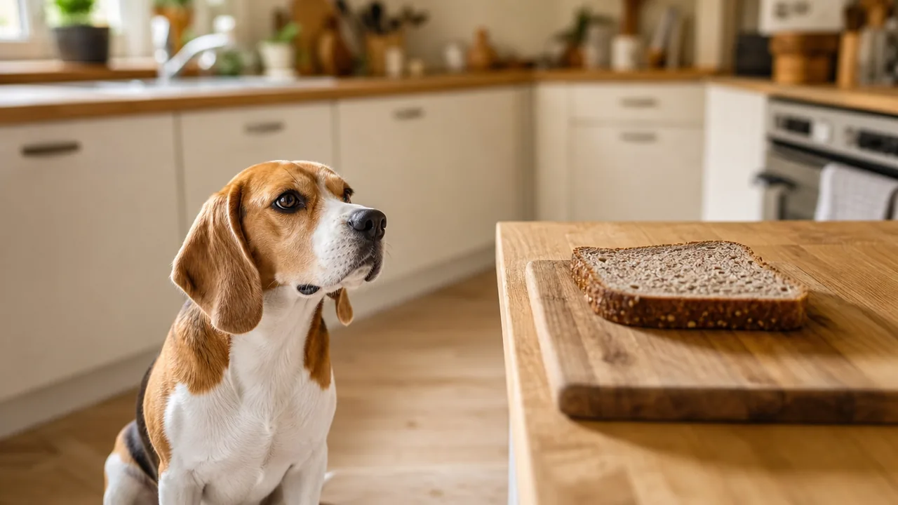 Beagle attentif dans une cuisine devant une tranche de pain complet