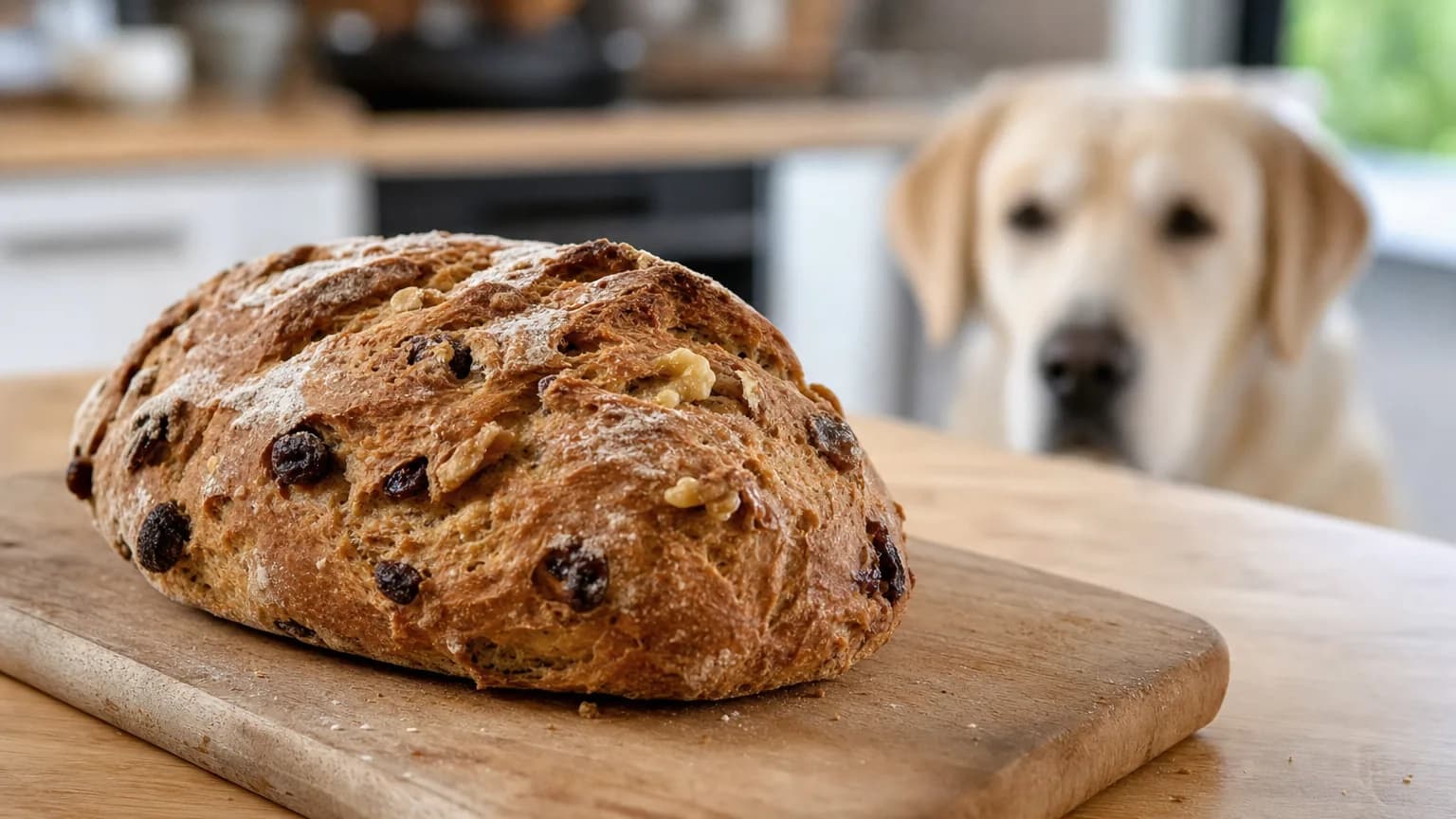 Pain aux raisins secs et aux noix sur une planche, chien observant à distance