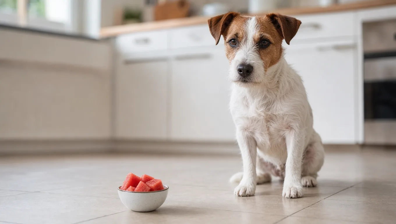 Jack russell terrier assis à côté d'un petit bol de cubes de pastèque