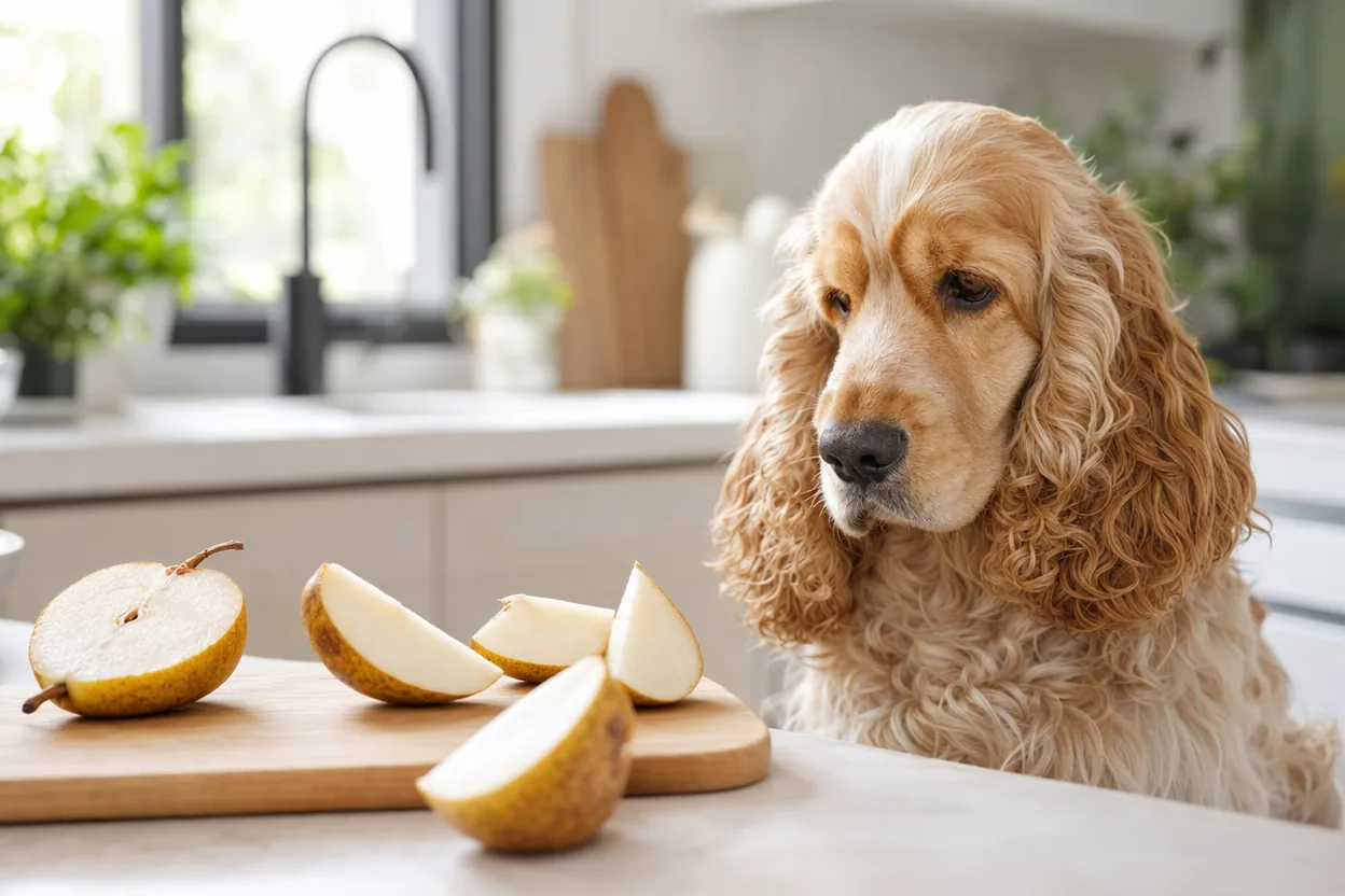 Cocker anglais attentif dans une cuisine devant des quartiers de poire mûre sur une planche en bois