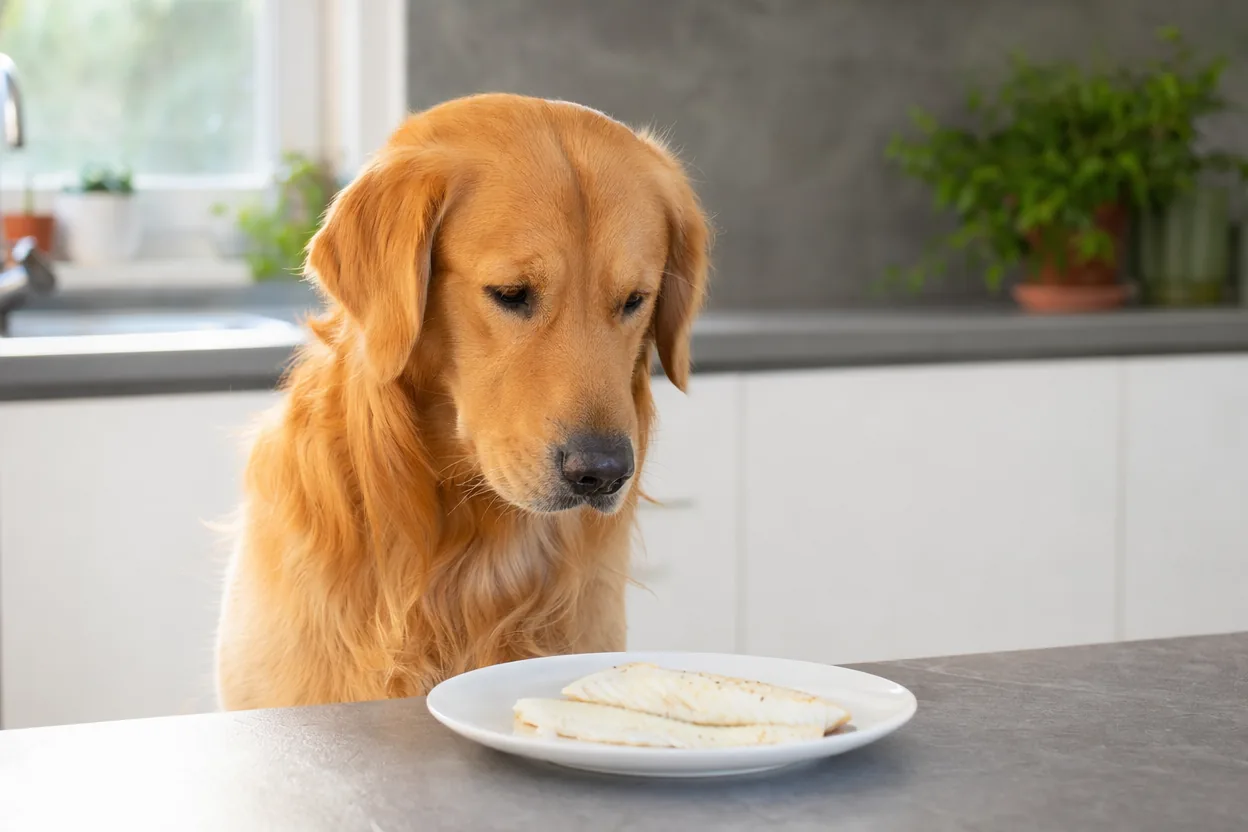 Golden retriever attentif dans une cuisine devant un filet de poisson blanc cuit sur une assiette