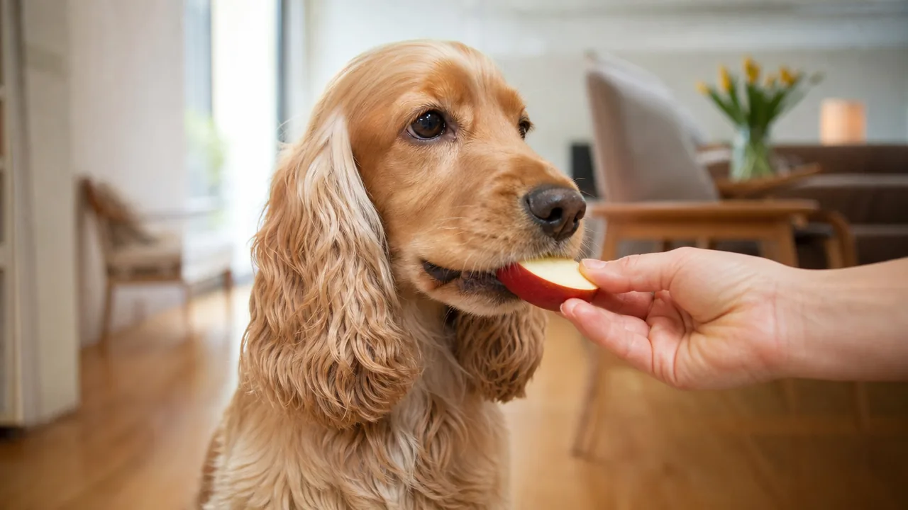 Cocker spaniel croquant un morceau de pomme tenu dans une main