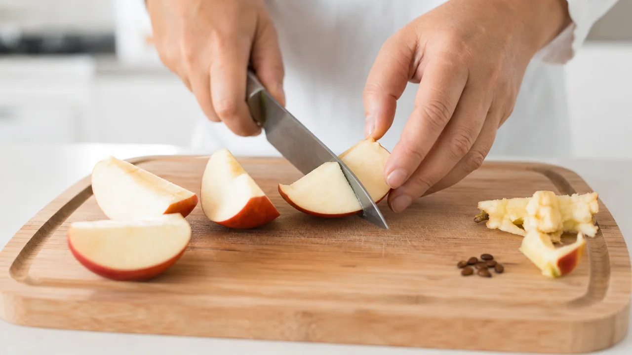 Mains coupant une pomme en quartiers, trognon et pépins retirés et posés de côté