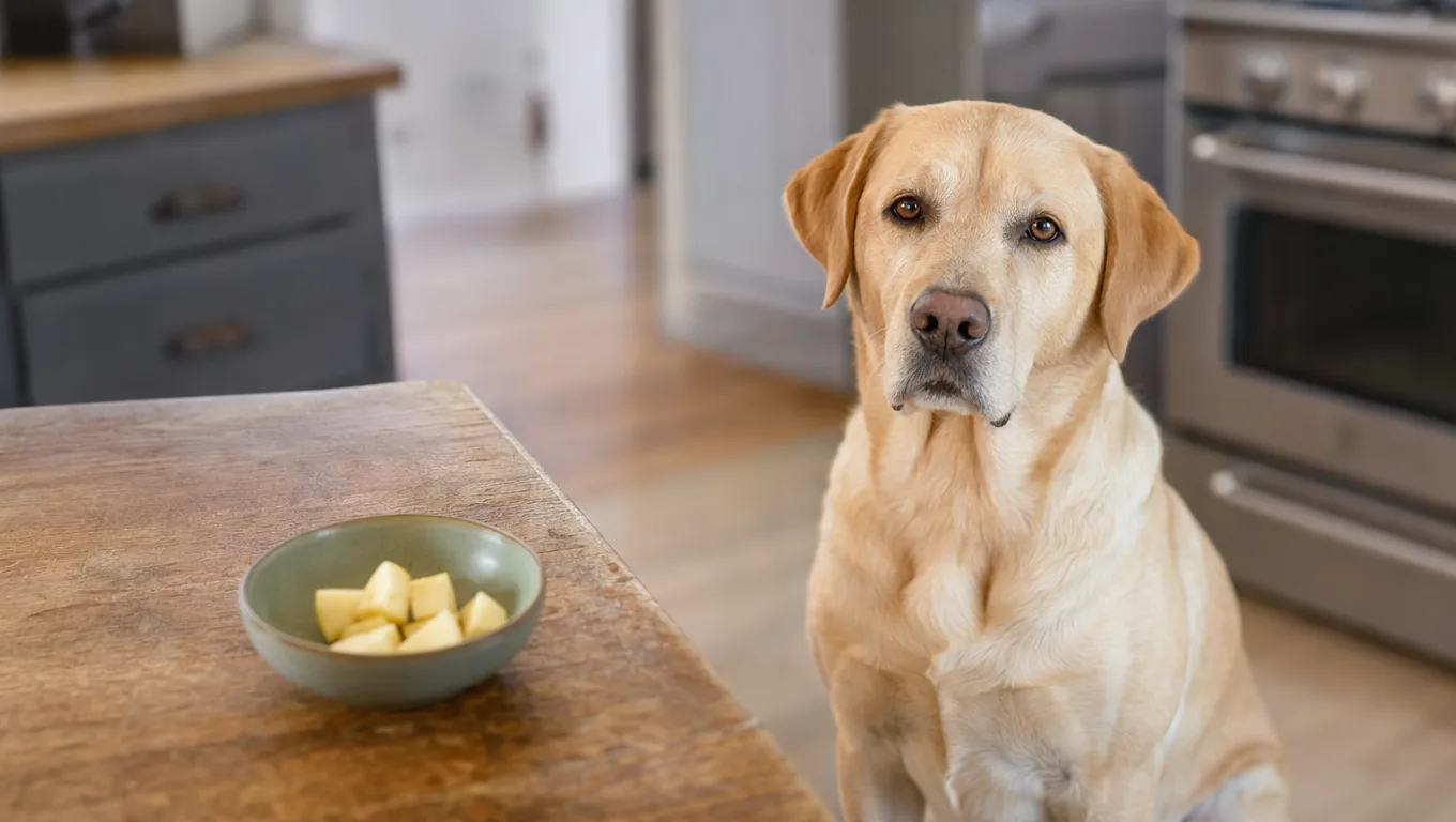 Labrador sable assis à côté d'un petit bol de morceaux de pomme