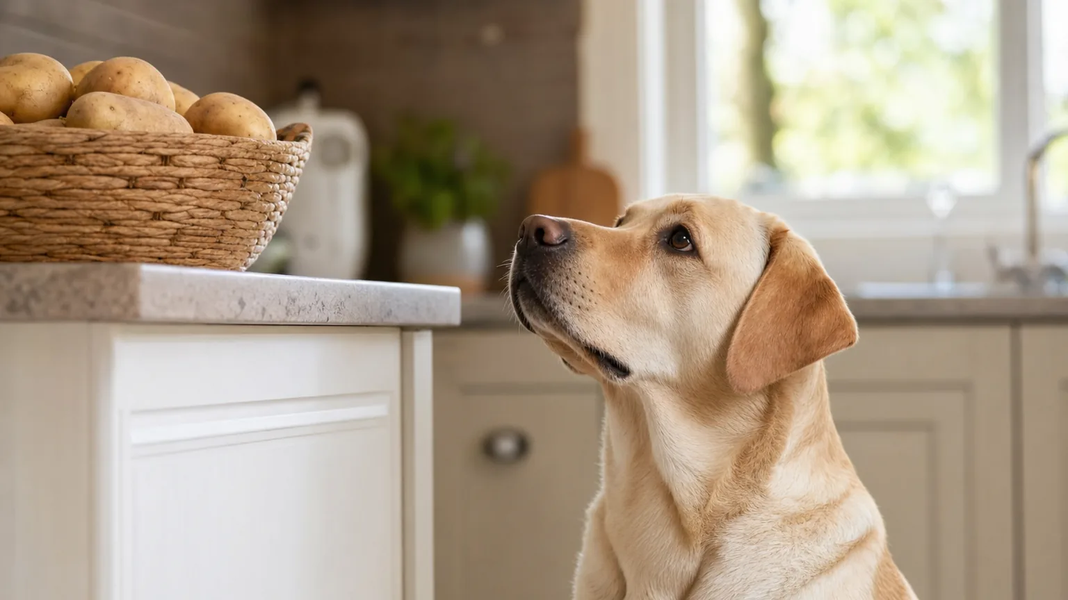 Labrador sable observant un panier de pommes de terre crues posé sur le plan de travail