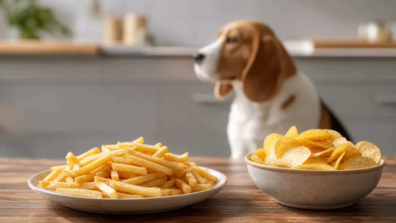 Assiette de frites et bol de chips sur une table, un beagle en retrait