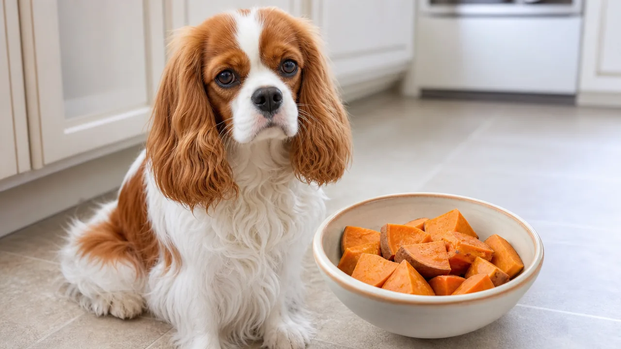 Cavalier king charles assis à côté d'une gamelle de patates douces cuites en morceaux