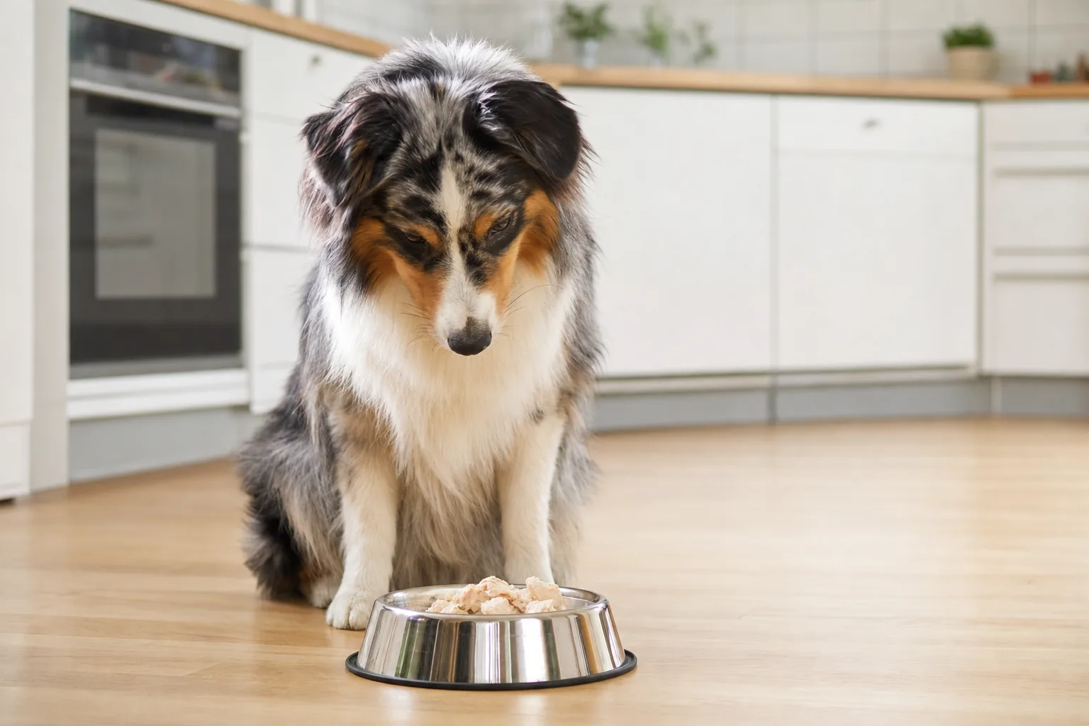 Berger australien attentif dans une cuisine devant des morceaux de poulet cuit dans une gamelle en inox