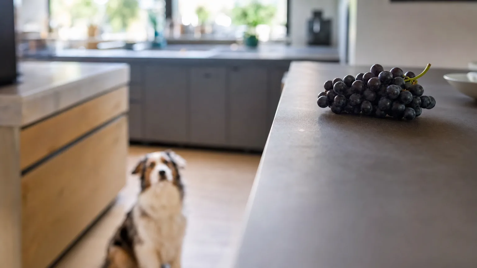 Grappe de raisin noir sur un plan de travail, chien assis à distance hors de portée