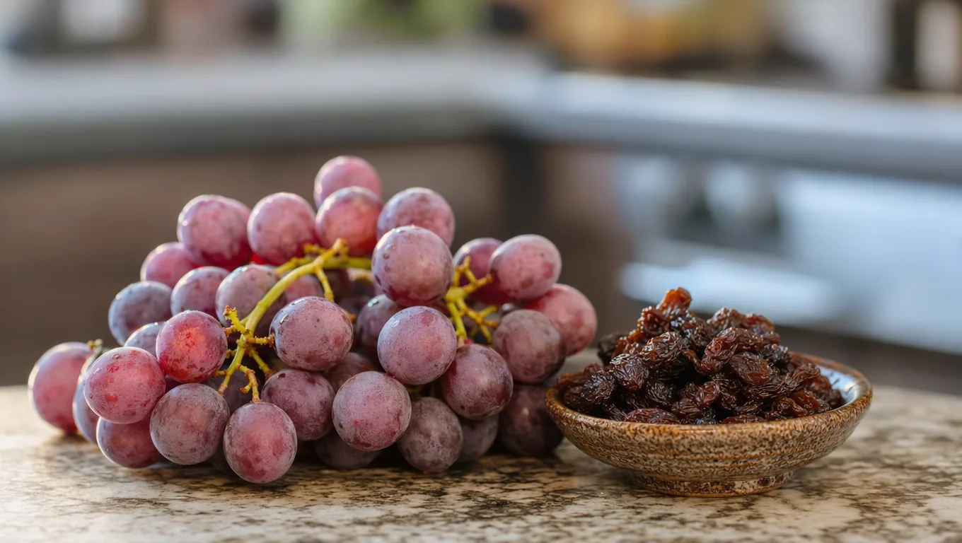 Grappe de raisin frais à côté d'un bol de raisins secs sur un plan de travail