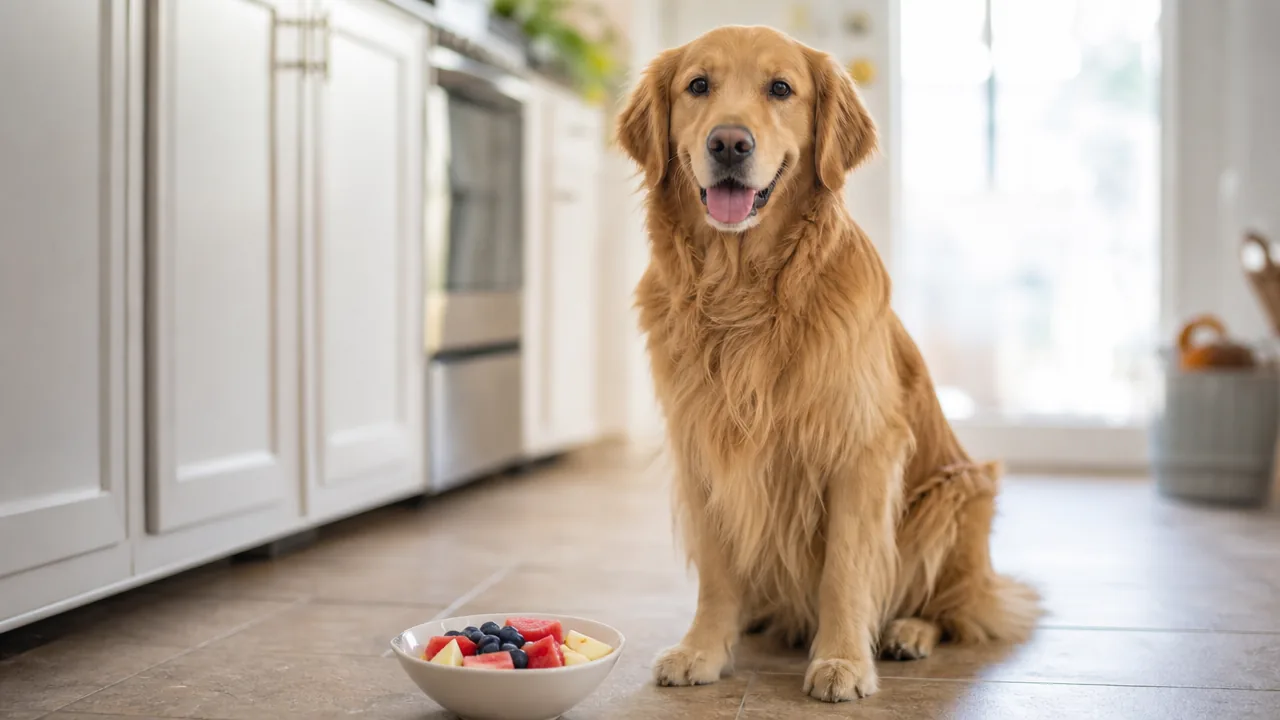 Golden retriever assis à côté d'un bol de fruits sûrs : pomme, myrtilles et pastèque