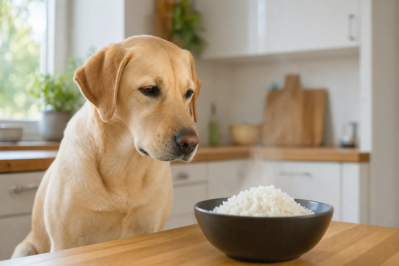 Labrador sable attentif dans une cuisine devant un bol de riz blanc cuit sur un plan de travail