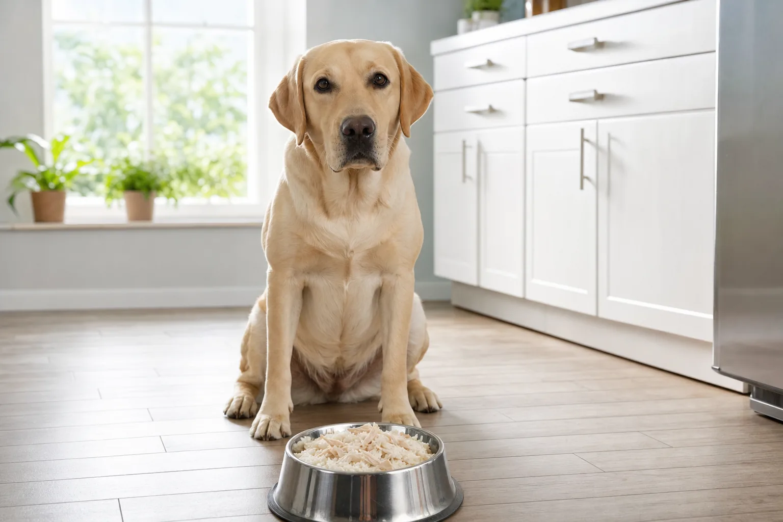 Gamelle de riz mélangé à du poulet, un labrador sable assis qui attend dans une cuisine