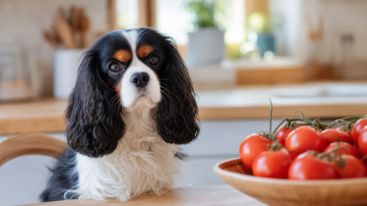 Cavalier king charles assis dans une cuisine près d'une coupe de tomates rouges mûres