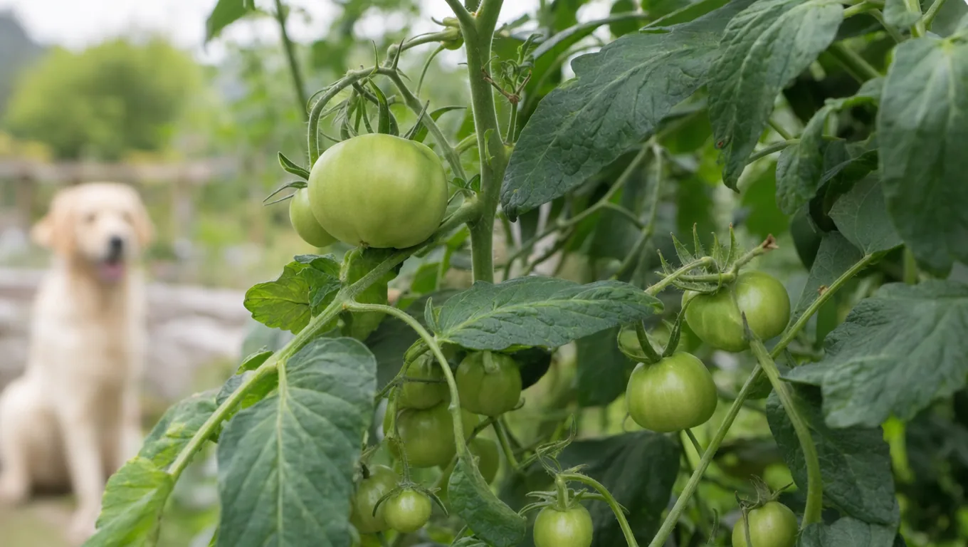 Plant de tomates portant des tomates vertes et des feuilles, chien tenu à distance