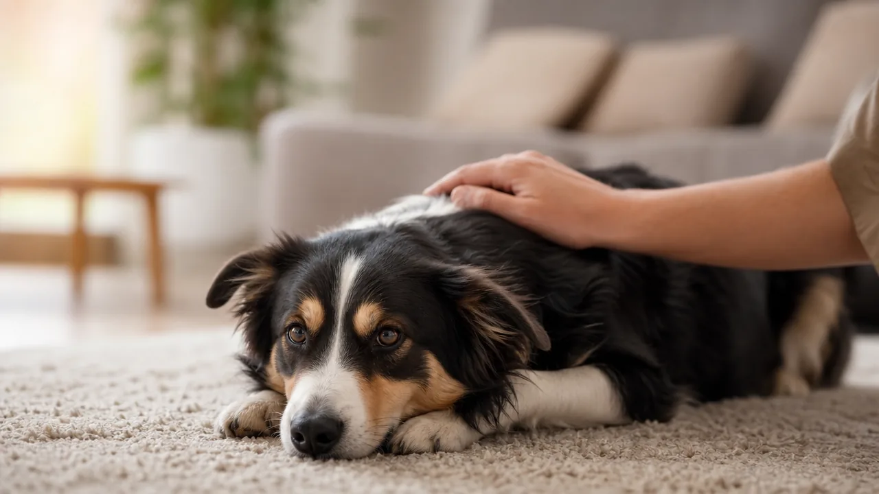 Chien couché calmement sur un tapis, une main posée sur lui pour le rassurer