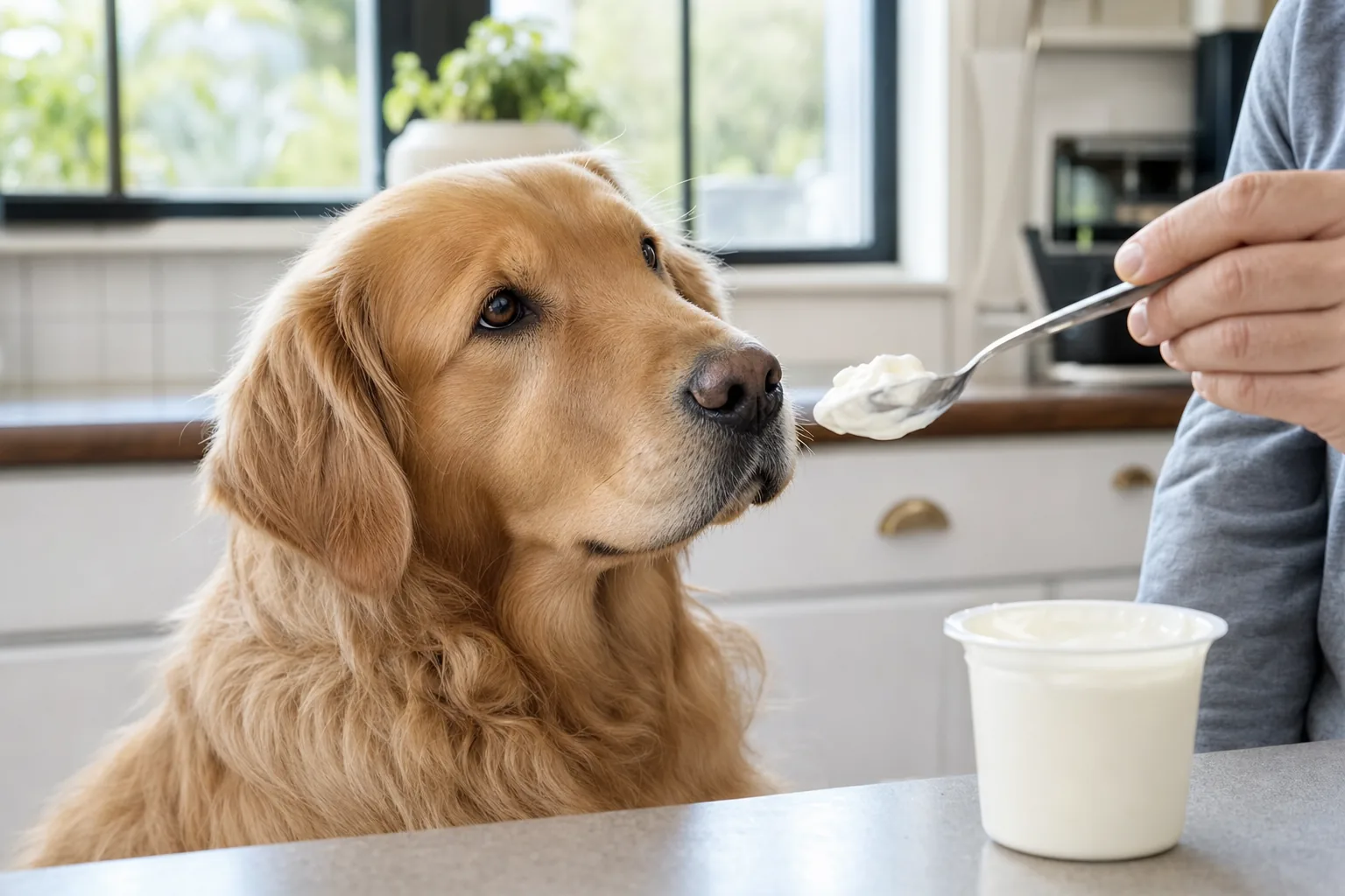 Golden Retriever attentif dans une cuisine face à une cuillère de yaourt nature tenue par son propriétaire, pot de yaourt posé sur le plan de travail