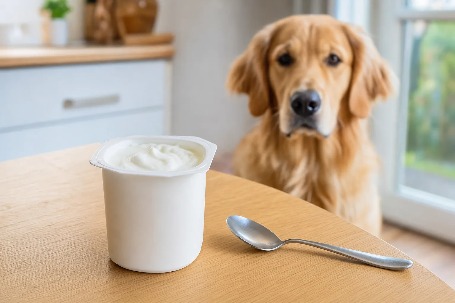 Pot de yaourt nature ouvert et cuillère posés sur une table en bois clair, Golden Retriever attentif en arrière-plan flou