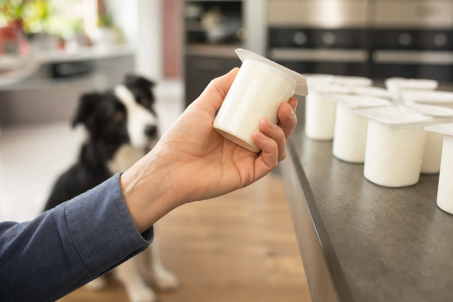 Main tenant un pot de yaourt nature et lisant l'étiquette dans une cuisine, autres pots alignés sur le plan de travail, Border Collie en arrière-plan