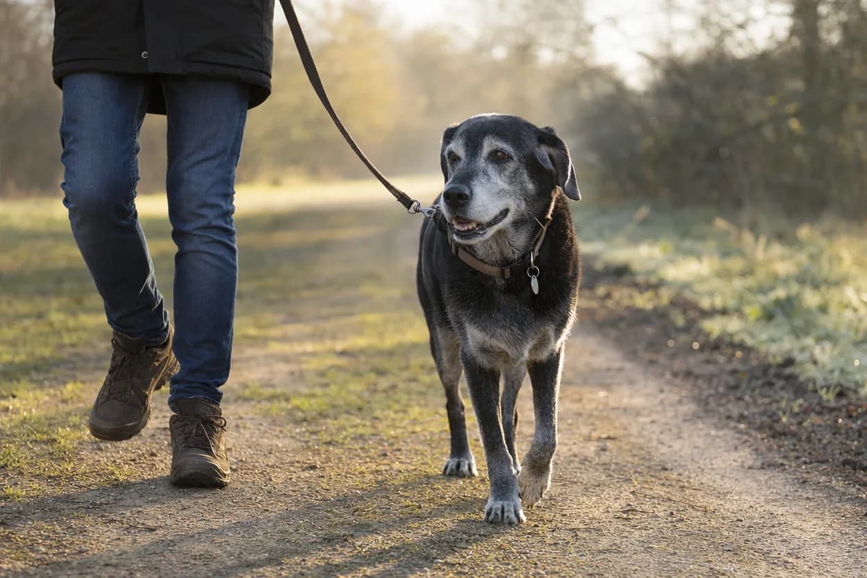 Chien senior au museau grisonnant en promenade tranquille à côté de son maître le matin