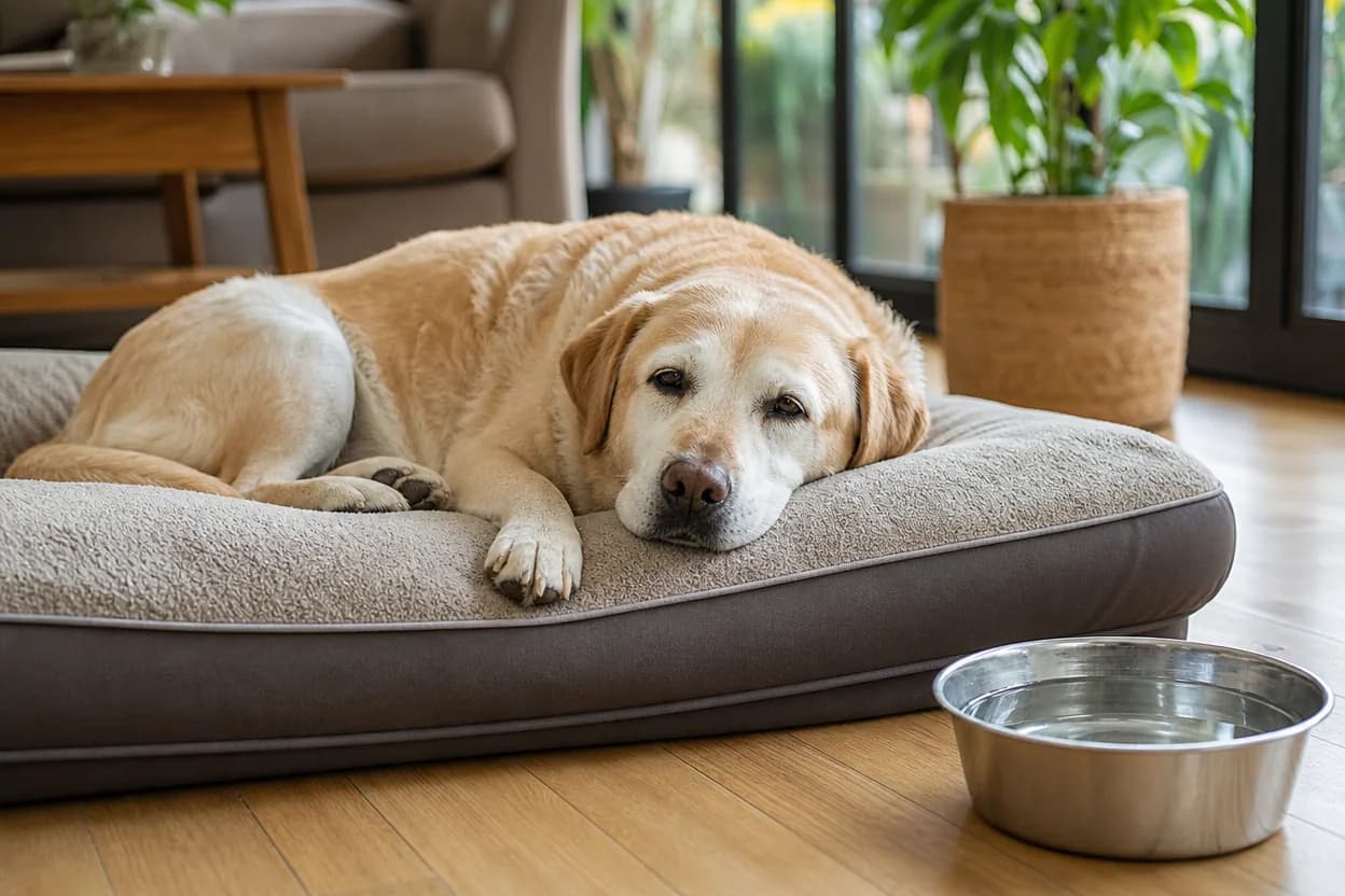 Labrador senior couché sur un couchage orthopédique, une gamelle d'eau à côté, dans un salon
