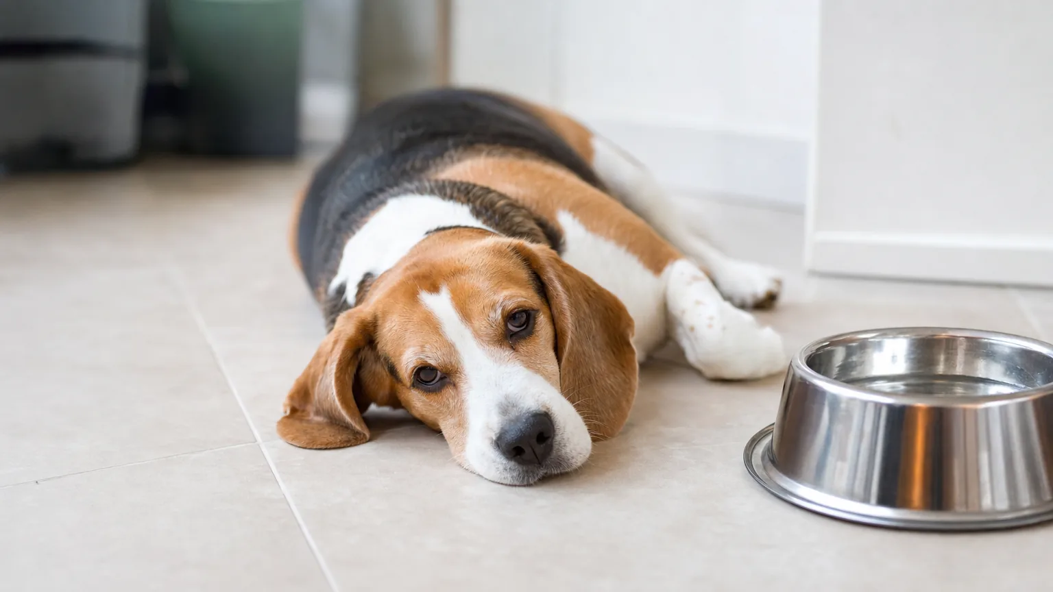 Beagle allongé calmement près de sa gamelle d'eau
