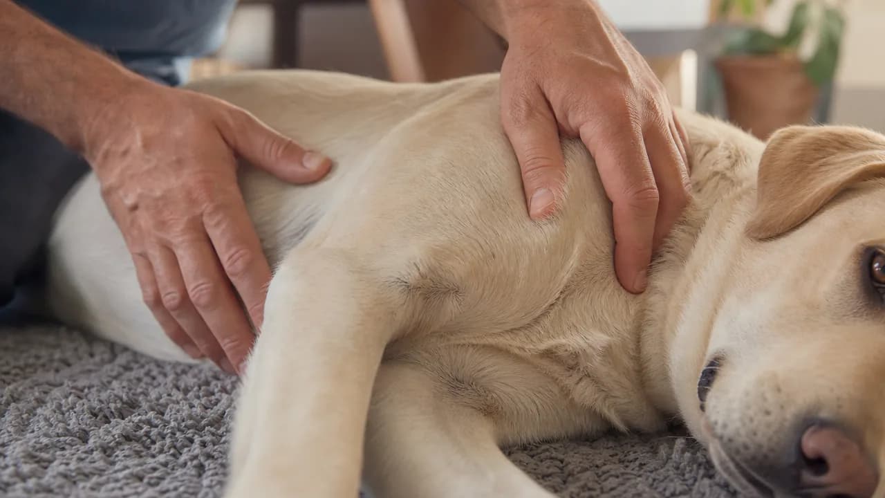 Mains d'un propriétaire observant l'état de son labrador couché