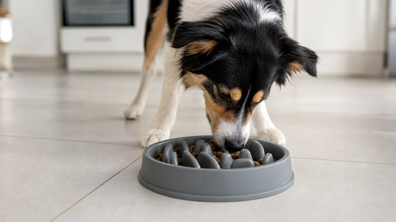 Chien mangeant lentement dans une gamelle anti-glouton