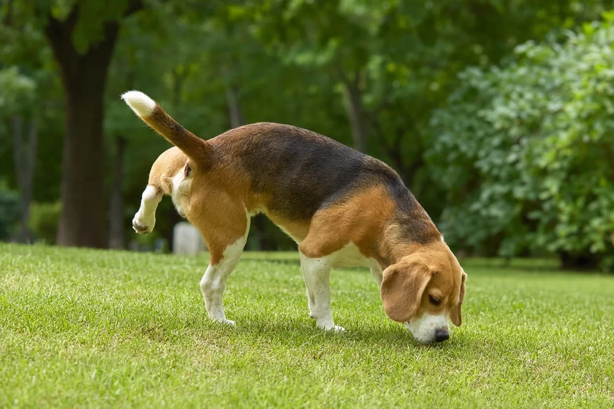Beagle reniflant l'herbe lors d'une promenade sur une pelouse dans un parc lumineux
