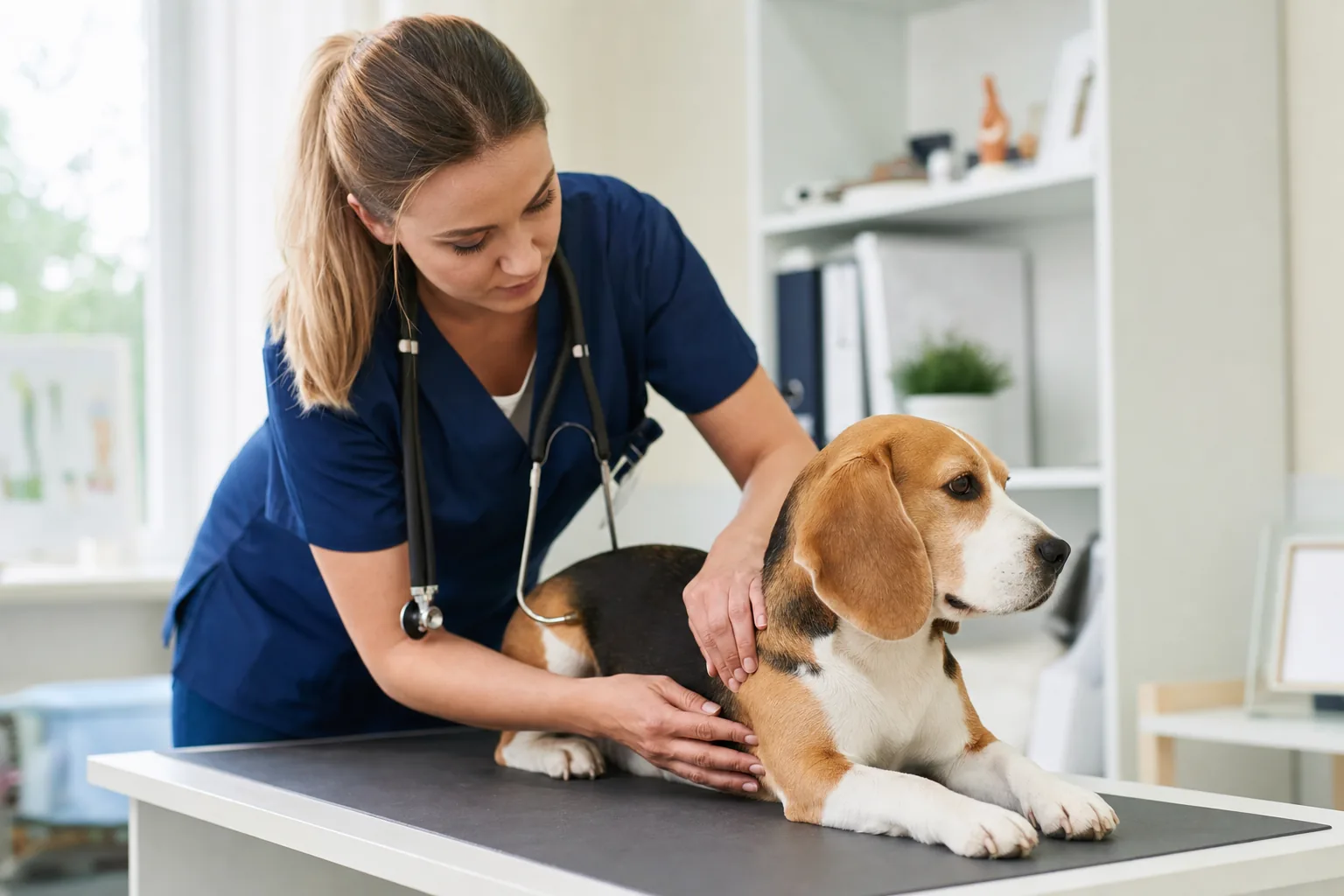 Vétérinaire palpant doucement l'abdomen d'un beagle calme sur une table d'examen