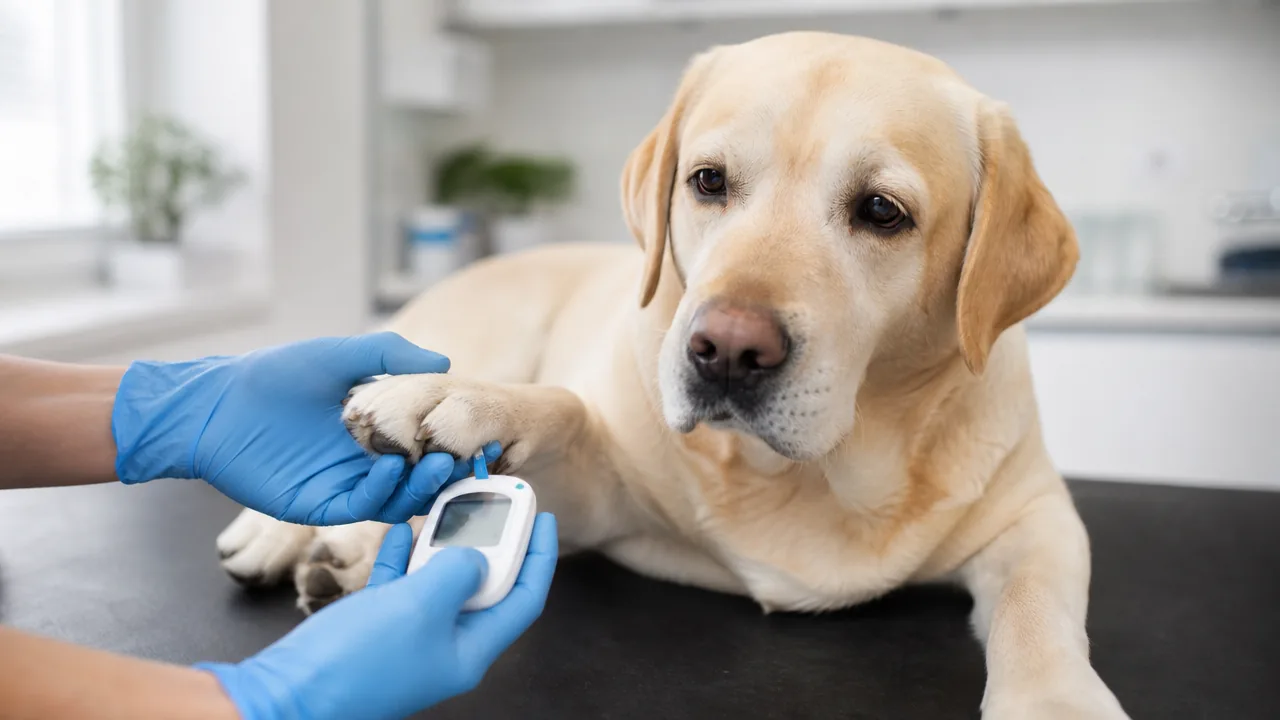 Vétérinaire mesurant la glycémie d'un Labrador au lecteur de glycémie
