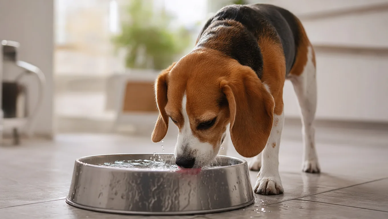 Beagle buvant abondamment de l'eau dans une gamelle en inox