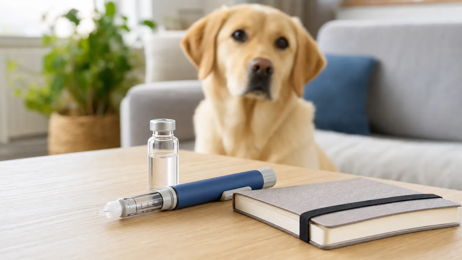 Stylo à insuline, flacon et carnet de suivi posés sur une table