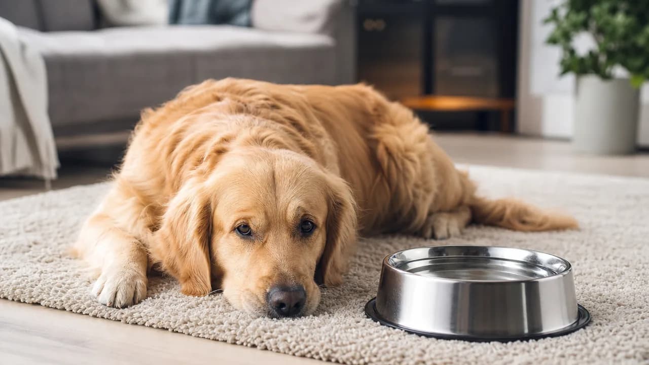 Golden Retriever fatigué allongé au repos près de sa gamelle d'eau