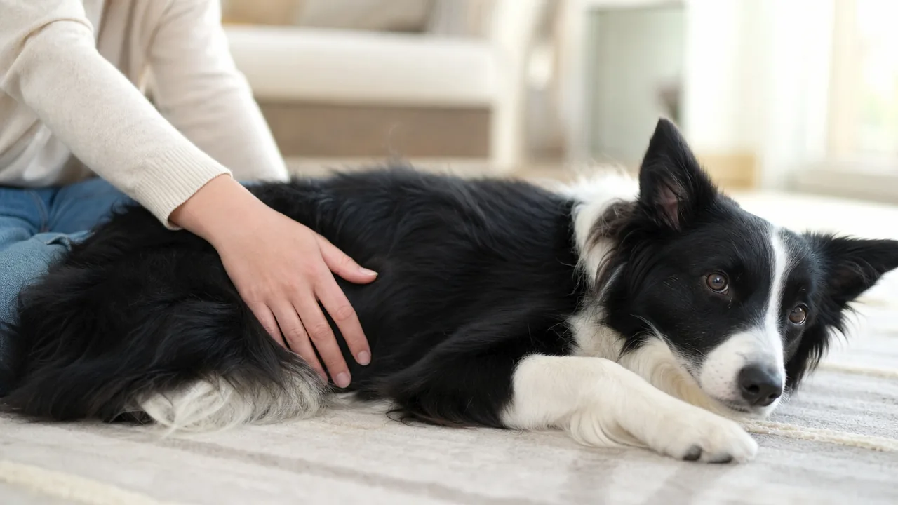 Propriétaire observant l'état général de son Border Collie au repos
