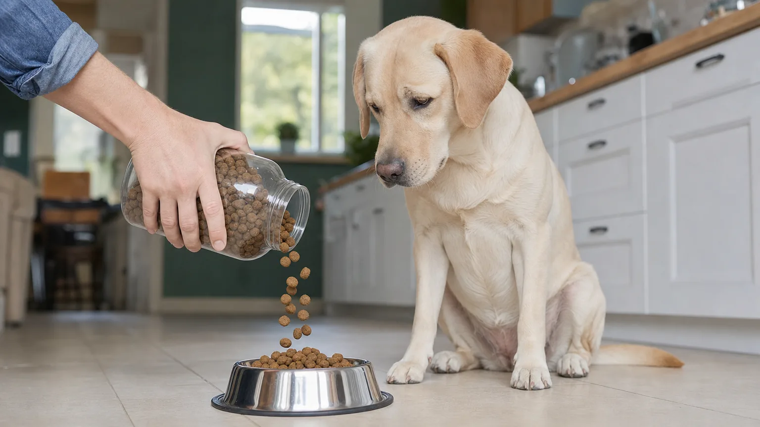 Main versant des croquettes dans la gamelle d'un Labrador attentif