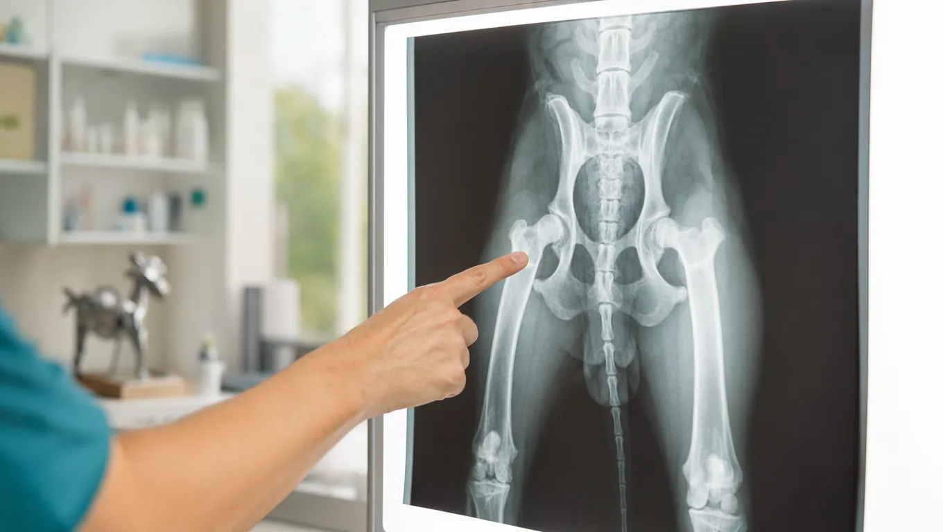 Vétérinaire désignant une radiographie des hanches d'un chien sur un négatoscope