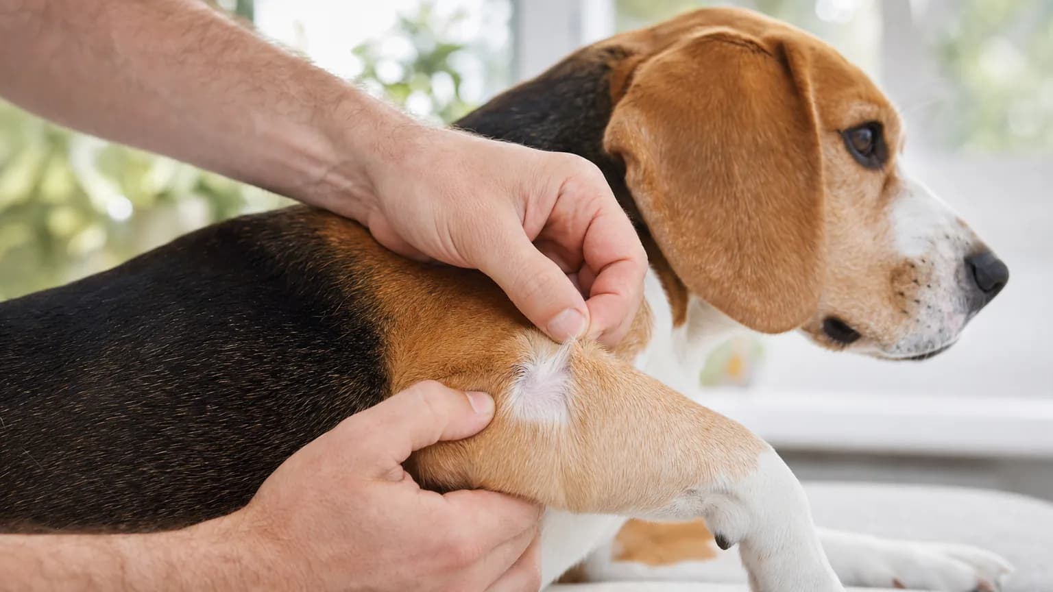 Mains écartant le pelage d'un beagle pour observer la peau au niveau du coude