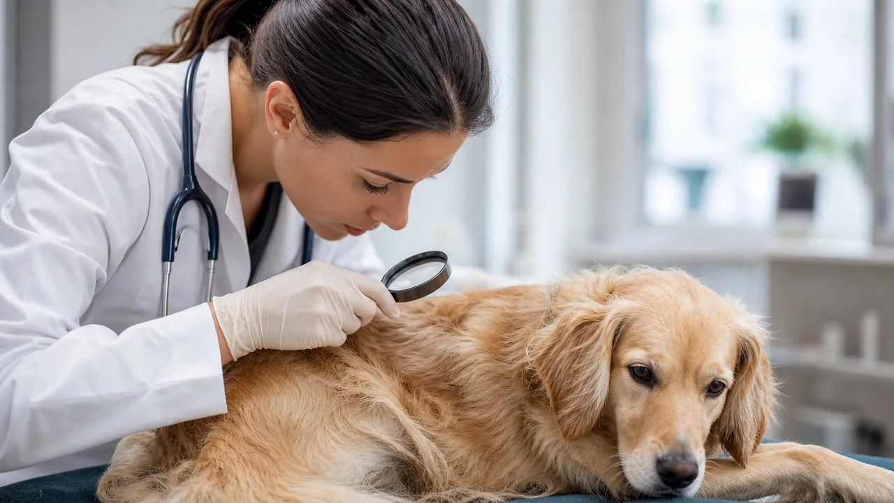 Vétérinaire examinant la peau d'un chien à la loupe lors d'une consultation